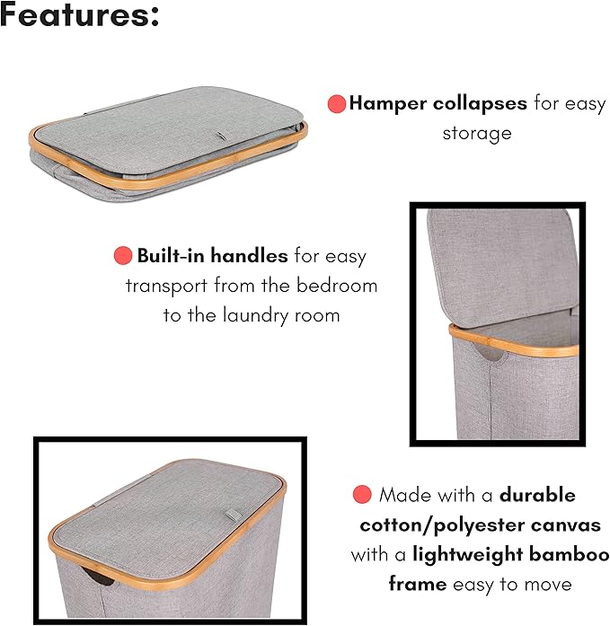 BirdRock Home Bamboo & Canvas Hamper | Single Laundry Basket with Lid | Foldable Hamper | Cut Out Handles