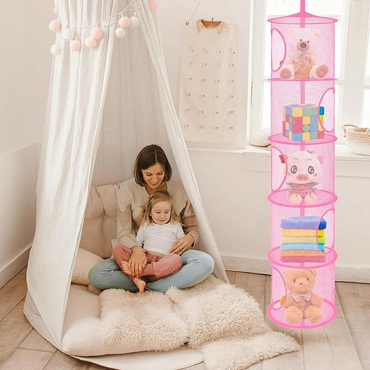 Libeder Mesh Hanging Storage Space Saver Bags Organizer,Foldable Storage Organizer 5 Compartments Toy Storage Basket for Kids Room Bathroom 2 Sets Pink