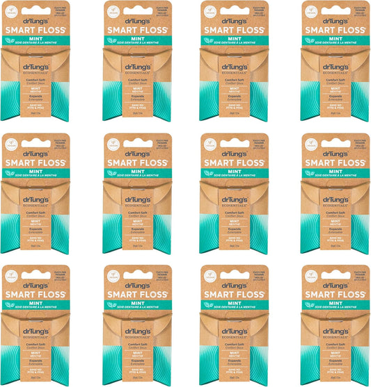 drTung's Smart Floss Mint for Teeth - Natural Expanding Dental Floss, Gentle on Tooth & Gums, Expands & Glides, PTFE & PFAS Free, Certified Organic Mint Essential Oils - Pack of 12