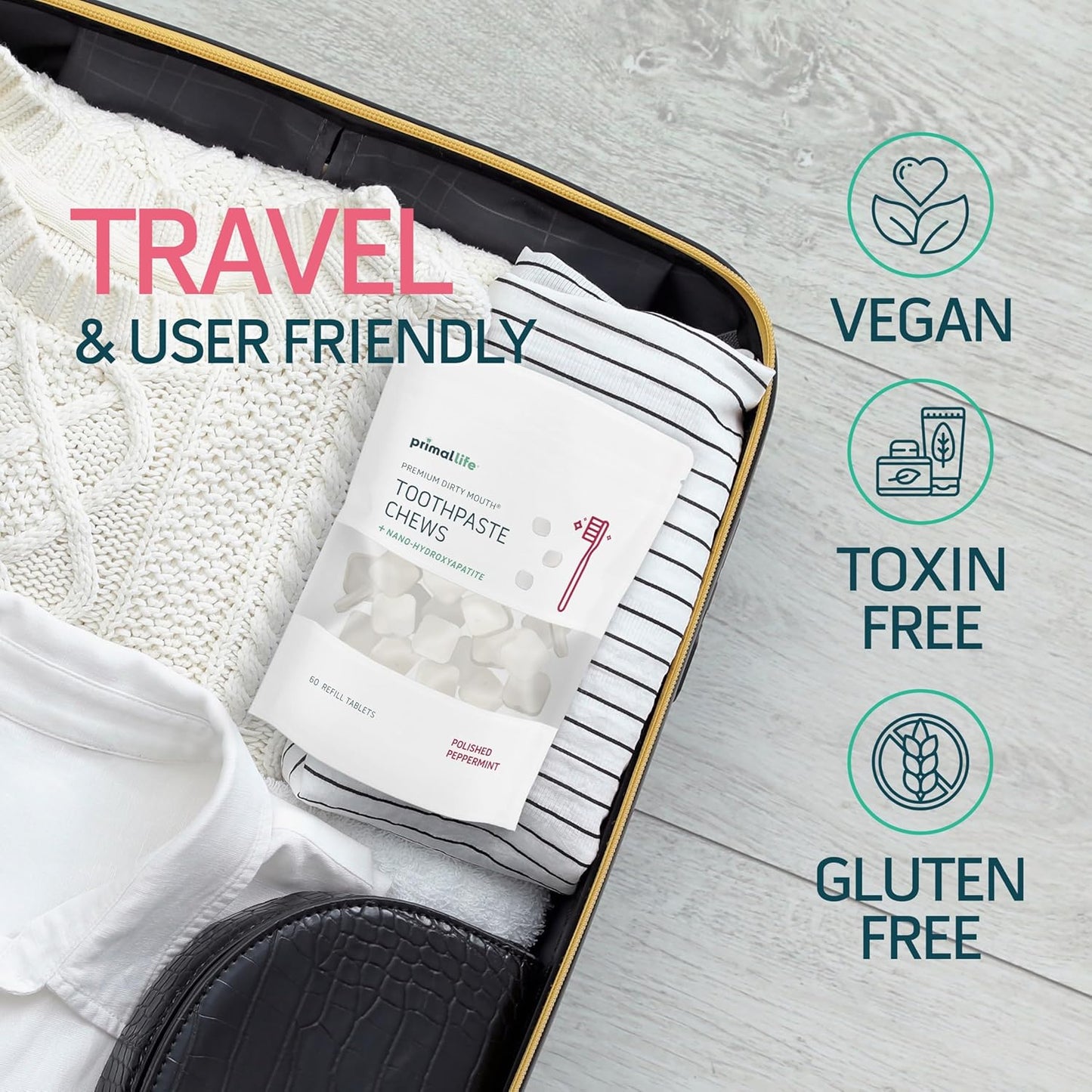 Primal Life Organics Premium Dirty Mouth Toothpaste Chews – Nano-Hydroxyapatite Whitening Toothpaste Tablets for Adults - Gluten Free, Vegan, Paleo - 60 Tablets in Bag - Polished Peppermint