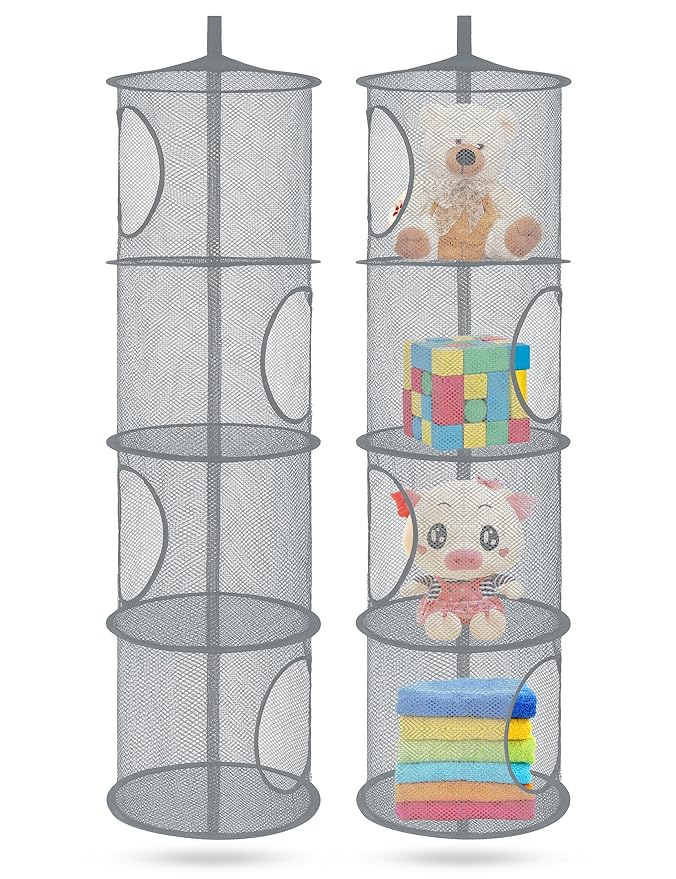 Libeder Mesh Hanging Storage Space Saver Bags Organizer,Foldable Storage Organizer 4 Compartments Toy Storage Basket for Kids Room Bathroom 2 Sets Grey