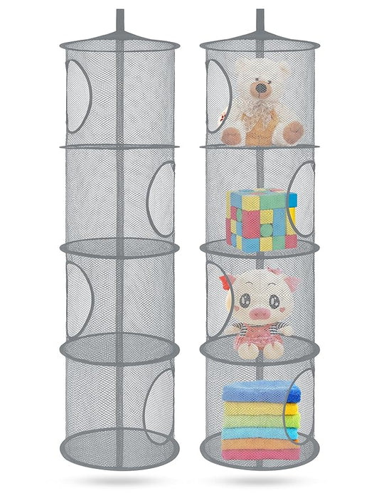 Libeder Mesh Hanging Storage Space Saver Bags Organizer,Foldable Storage Organizer 4 Compartments Toy Storage Basket for Kids Room Bathroom 2 Sets Grey