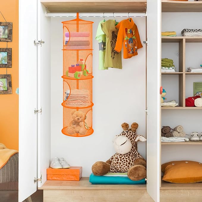 Libeder Mesh Hanging Storage Space Saver Bags Organizer,Foldable Storage Organizer 4 Compartments Toy Storage Basket for Kids Room Bathroom 2 Sets Orange