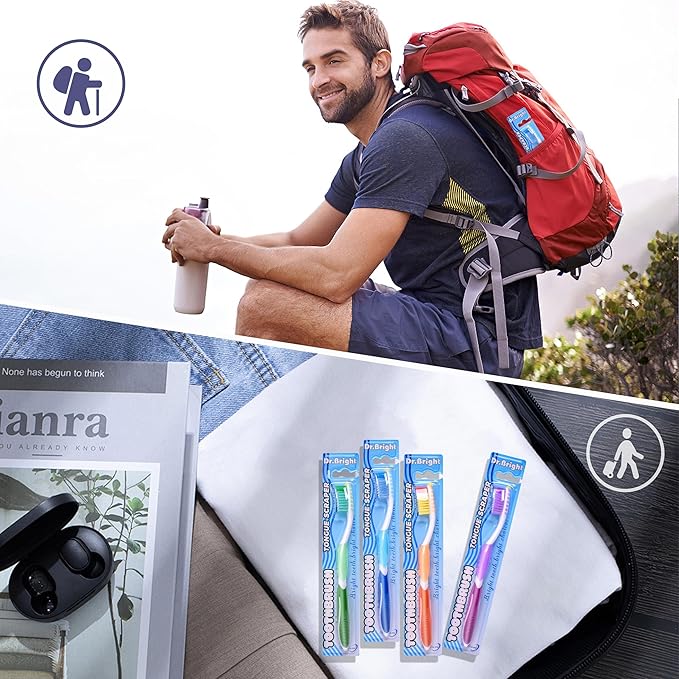 Toothbrush Medium Adults, Medium Toothbrushes for Adults with Tongue Scraper, Travel Toothbrushes with Ergonomic Handle, Assorted Colors, 8 Pack