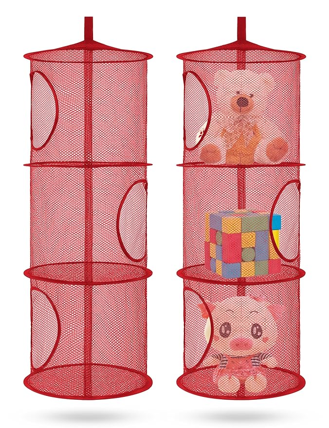 Libeder Stuffed Animal Storage Mesh Hanging Storage Space Saver Bags Organizer,Foldable Storage Organizer 3 Compartments Toy Net Storage Basket for Kids Room Bathroom 2 Sets Red