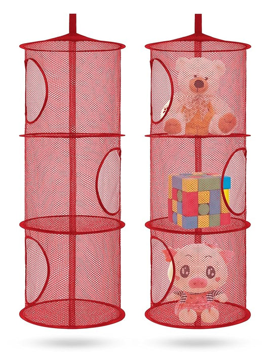 Libeder Stuffed Animal Storage Mesh Hanging Storage Space Saver Bags Organizer,Foldable Storage Organizer 3 Compartments Toy Net Storage Basket for Kids Room Bathroom 2 Sets Red
