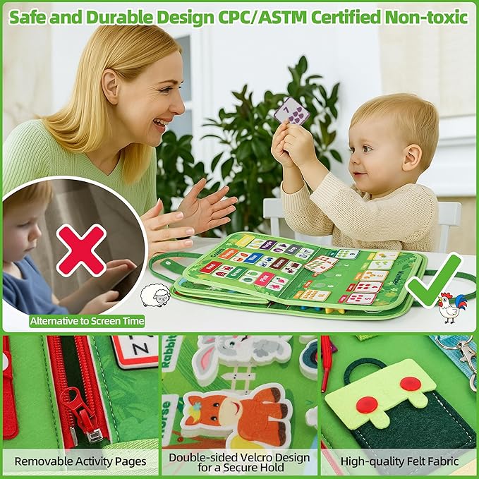 Toddler Busy Board Montessori Toys for 3 Year Old Birthday Gifts for Kids 10 Pages in 1 Soft Felt Activity Book Develop Fine Skills Educational Learning Sensory Travel Toys for Airplane Car