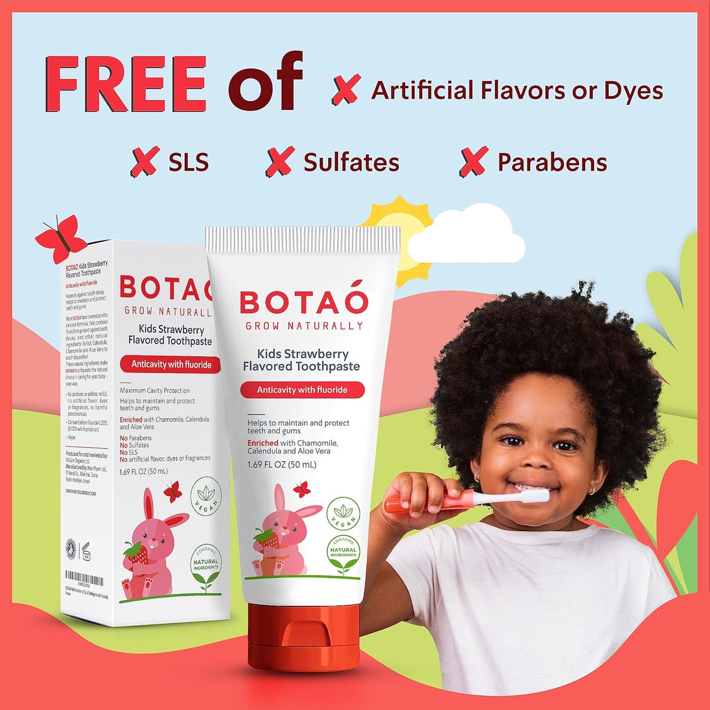 Kids Natural Strawberry Flavored Anticavity Fluoride Toothpaste Maximum Cavity Protection Cleans Children’s Teeth Protects Gums Chamomile Aloe Vera Calendula Xylitol for Ages 2 and Up