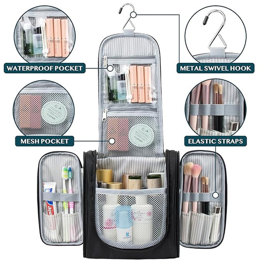 PAVILIA Toiletry Bag Travel Bag for Women Men, Hanging Cosmetic Organizer, Water Resistant Makeup Bag for Accessories Toiletries, Large Travel Essentials Kit (Black)