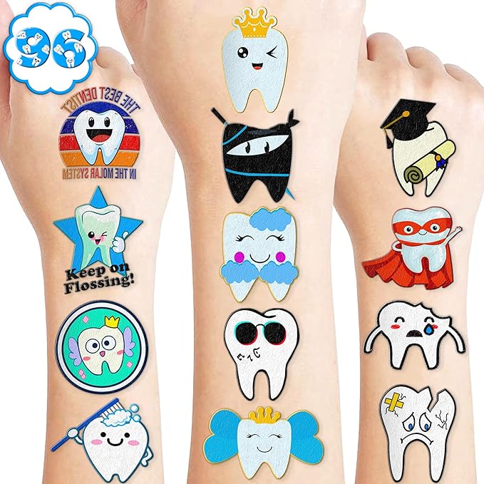 96 PCS Cute First Milk Tooth Dental Dentist Pre-Cut Temporary Tattoos for Kids Birthday Themed Party Supplies Decorations Favors Fairy Teeth Tattoo Stickers Gifts for Baby Girls Boys Rewards