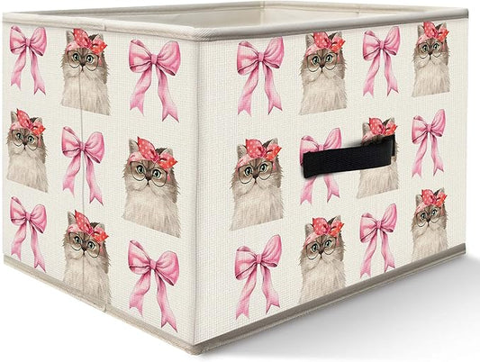Nogrit Coquette Pink Bow Cat Storage Bins Box, Toybox for Girls, Preppy Cute Cat Kitten Foldable Baskets Organizer Container with Handles for Kids Girls Bedroom Bathroom Clothes Toys Books