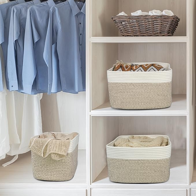 Cotton Rope storage Basket Bins Woven Basket for Organizing Shelves 14.5X9.5X9.3" Rectangle Decorative Baskets For storage Clothes Toys Books Towels Nursery basket organizer 3 pack white and brown