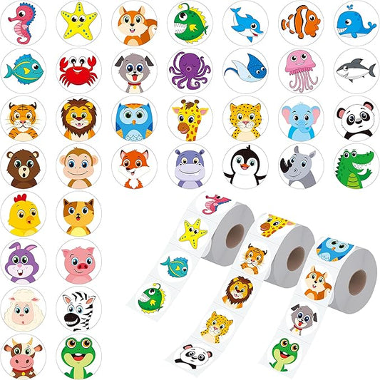 1800 PCS Round Animal Stickers, 36 Designs Wild/Farm/Marine Animal Cartoon Teacher Reward Stickers for Kids, Party Decoration Sticker for School Classroom Home with Perforation Line(1” Each, 3 Rolls)