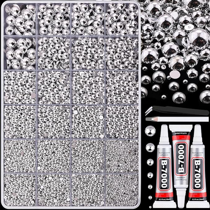 13500Pcs Flatback Pearls for Bedazzling (Silver) with 3Pcs B7000 Jewelry Glue, Assorted Size 2/3/4/5/6/8/10mm Half Pearl, Bedazzling Gems for Crafting Clothing Tumbler Shoes Embellishment Nail Art