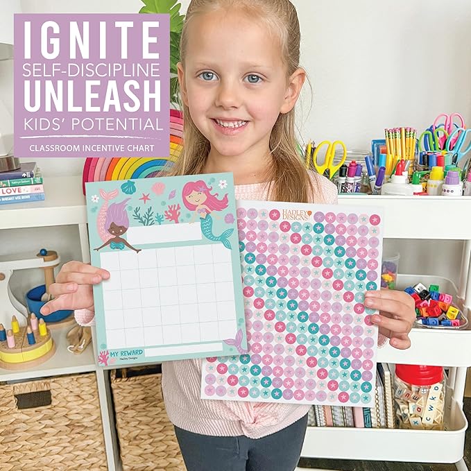 Sticker Chart for Kids Behavior at Home & Classroom - 25 Reward Chart for Kids Incentives, Gold Star Sticker Sheets, Mermaid Incentive Charts for Classroom Must Haves