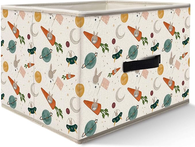 Nogrit Outer Space Carrot Rabbit Storage Bins Box, Toybox for Boys Girls, Cosmic Cute Bunny Foldable Baskets Organizer Container with Handles for Bedroom Bathroom Kids Nursery Clothes Toys Books