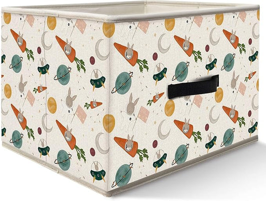Nogrit Outer Space Carrot Rabbit Storage Bins Box, Toybox for Boys Girls, Cosmic Cute Bunny Foldable Baskets Organizer Container with Handles for Bedroom Bathroom Kids Nursery Clothes Toys Books