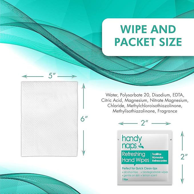 Handynaps Alcohol-Free Hand Wipes With Fresh Lemon Scent, Gentle On The Skin - Box of 100 Individually Wrapped Wipes For Adults and Kids, Travel Essentials