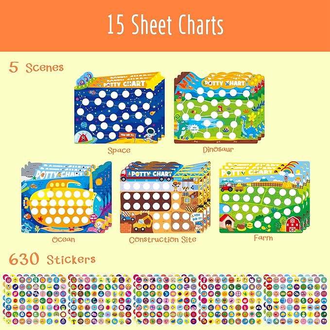 Potty Training Sticker Chart for Kids, 15 Incentive Potty Charts & 630 Stickers (Space, Farm, Dinosaur, Ocean, Construction Site) Potty Training Charts for Boys & Girls, Multiple Toddlers