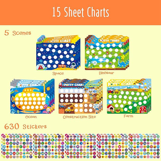Potty Training Sticker Chart for Kids, 15 Incentive Potty Charts & 630 Stickers (Space, Farm, Dinosaur, Ocean, Construction Site) Potty Training Charts for Boys & Girls, Multiple Toddlers