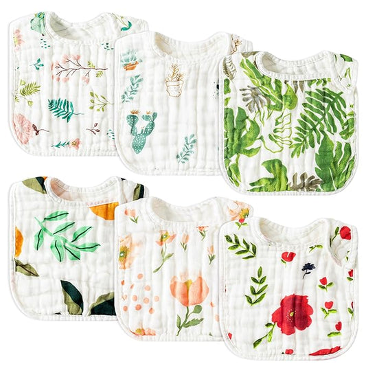Zainpe 6Pcs Snap Muslin Cotton Baby Bibs Summer Cactus Patterns Infants Drooling Bib, Soft Absorbent Adjustable Burp Cloths for Newborns Girls Boys Toddlers Teething Eating Feeding 0 to 36 Months