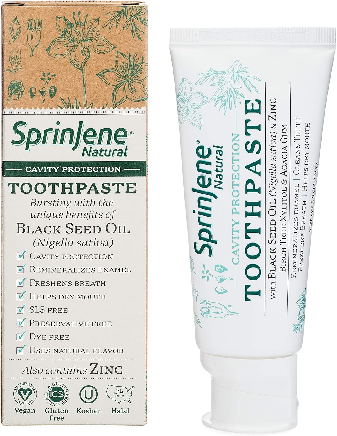 SprinJene Natural Fluoride Toothpaste – Natural Toothpaste for Gum Health & Cavity Protection – Patented Black Seed Oil & Zinc Formula for Healthy Teeth & Gums – Made in The USA (2 Pack)