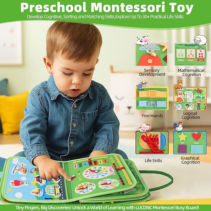 Toddler Busy Board Montessori Toys for 3 Year Old Birthday Gifts for Kids 10 Pages in 1 Soft Felt Activity Book Develop Fine Skills Educational Learning Sensory Travel Toys for Airplane Car