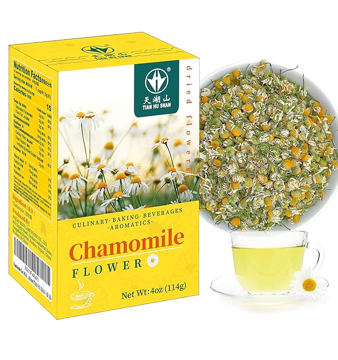 TIAN HU SHAN Chamomile Flowers Herbal Tea, Chamomile Tea Loose Leaf, Sugar Free Caffeine Free, Natural Clean without Impurities, Vegan 4 Ounce (Pack of 1)