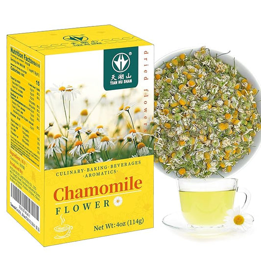 TIAN HU SHAN Chamomile Flowers Herbal Tea, Chamomile Tea Loose Leaf, Sugar Free Caffeine Free, Natural Clean without Impurities, Vegan 4 Ounce (Pack of 1)
