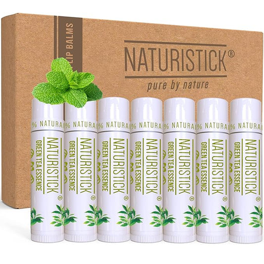 Naturistick Premium Beeswax Lip Balm for Dry, Chapped Lips | 100% Natural Lip Care | Coconut Oil, Shea Butter, Aloe Vera | Moisturizing, Chemical-Free Chapstick | 7 Pack Green Tea Scent | Made in USA