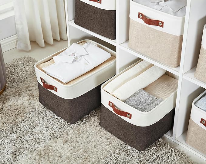 DECOMOMO Storage Baskets for Shelves - Fabric Storage Bins, Linen Closet Organizers and Storage (Brown & White, Large - 4 Pack)