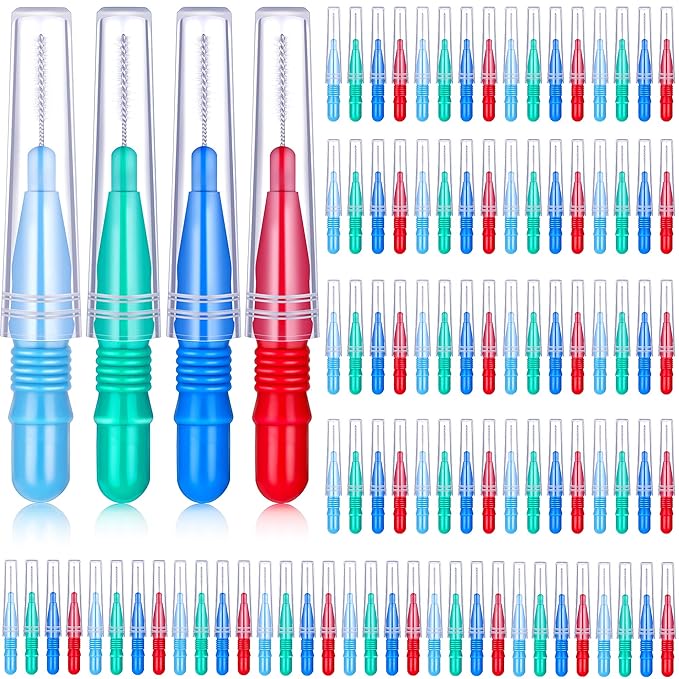 BBTO 100 Pcs Braces Dental Brush Flosser for Cleaner Interdental Brush Toothpick Tooth Flossing Head Oral Dental Toothpick Cleaners Cleaning Tool(Red, Blue, Green, Light Blue)