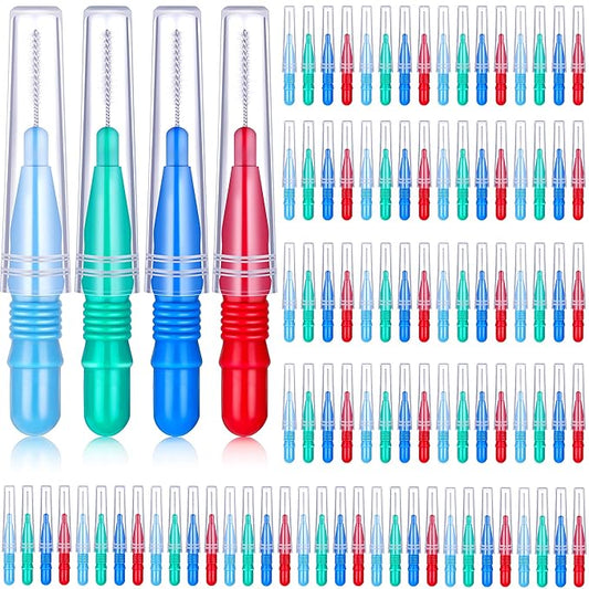 BBTO 100 Pcs Braces Dental Brush Flosser for Cleaner Interdental Brush Toothpick Tooth Flossing Head Oral Dental Toothpick Cleaners Cleaning Tool(Red, Blue, Green, Light Blue)