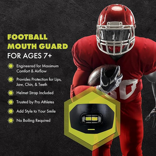 DAMAGE CONTROL Youth Football Mouth Guard – Breathable No Boil Mouthpiece, Protects Lips & Teeth, Works with Braces, Includes Helmet Strap – Sports Gear & Accessories (Black)