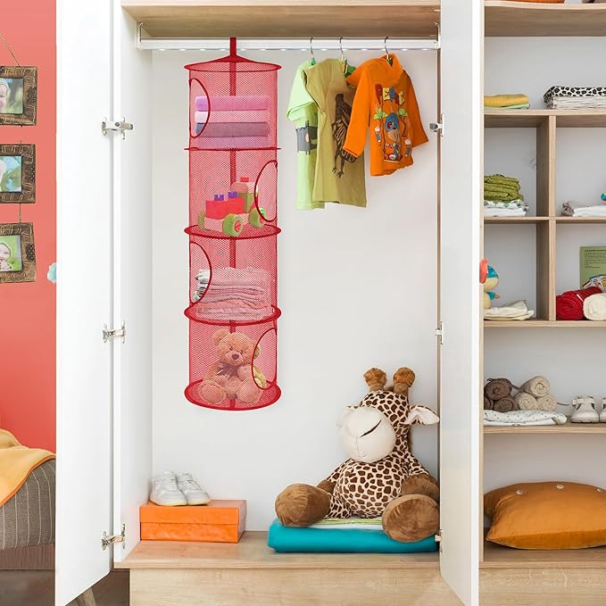 Libeder Stuffed Animal Storage Mesh Hanging Storage Space Saver Bags Organizer,Foldable Storage Organizer 4 Compartments Toy Net Storage Basket for Kids Room Bathroom 2 Sets Red
