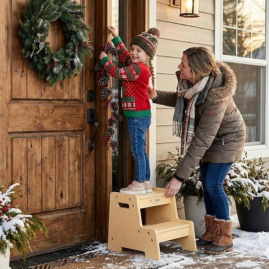 Stepup Baby Wooden Step Stool for Kids Varnished – 2-Step Toddler Stool with Handles, Birch Plywood, Anti-Tip Base & Rounded Corners – Bathroom Sink & Countertop Step Stool