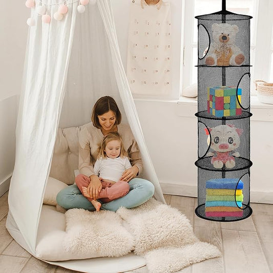 Libeder Mesh Hanging Storage Space Saver Bags Organizer,Foldable Storage Organizer 4 Compartments Toy Storage Basket for Kids Room Bathroom 2 Sets, Black