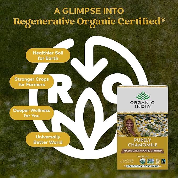 Organic India Purely Chamomile Tea- Regenerative Organic Chamomile Flowers, Caffeine Free, Calming & Relaxing Herbal Tea, Natural Support for Sleep & Relaxation- 18 Tea Bags, Pack of 6