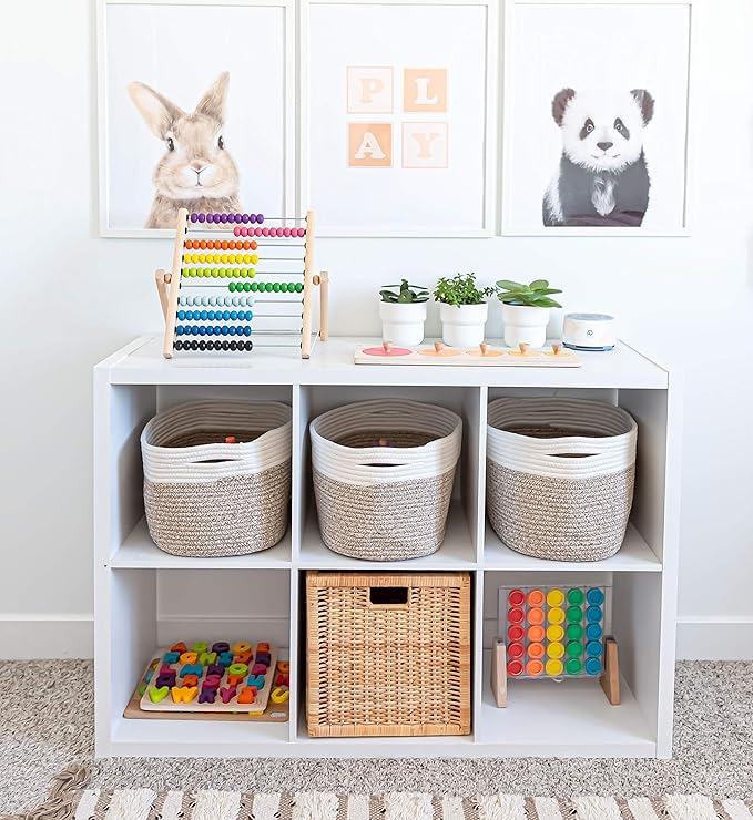 OrganiHaus Set of 3 Woven Storage Baskets for Shelves, Decorative Organizer Bins for Closet & Bathroom, Multipurpose Home Organization Baskets, Toy Storage Basket - Brown/Off-White, 15x9x10 inches