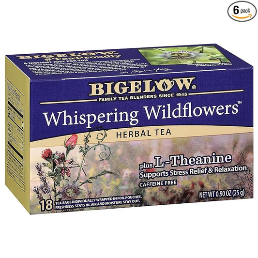 Bigelow Whispering Wildflowers Herbal Tea Plus L-Theanine, Supports Stress Relief & Relaxation, Caffeine-Free, Kosher, Gluten Free & Non-GMO, 18 Tea Bags, 0.9 Ounce (Pack of 6)