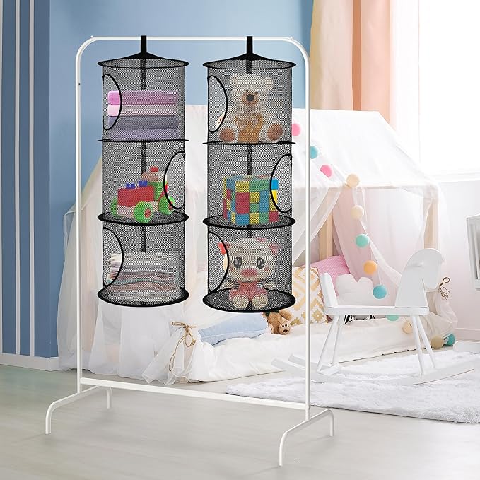 Libeder Mesh Hanging Storage Space Saver Bags Organizer,Foldable Storage Organizer 3 Compartments Toy Storage Basket for Kids Room Bathroom 2 Sets, Black