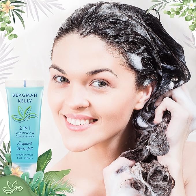 Bergman Kelly - Travel Size 2 in 1 Shampoo & Conditioner - 1 fl oz, 18000 PK, Tropical Waterfall - Delight Your Guests w/Invigorating & Refreshing Shampoo Amenities - Small Hotel Toiletries in Bulk