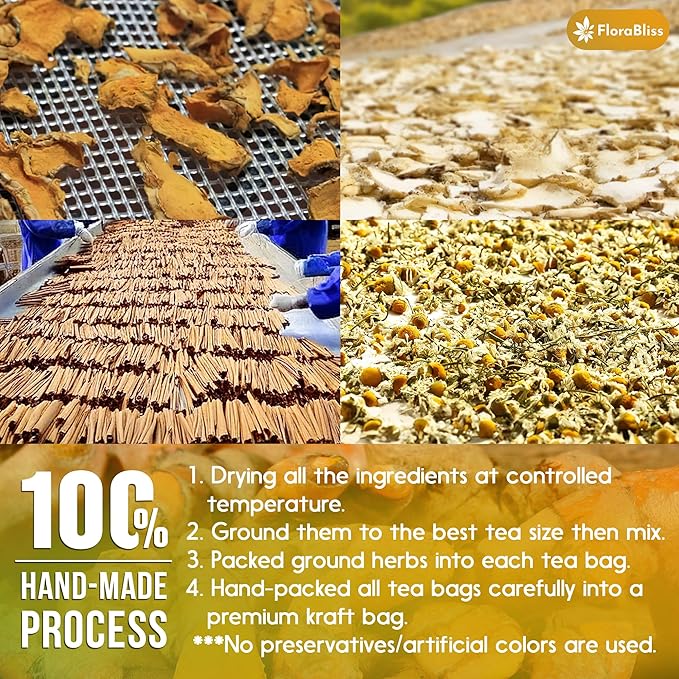 FloraBliss 50 Bags Premium Turmeric Ginger Cinnamon Tea with Upgraded Chamomile, Extra Strength 2.2g/Bag, 100% Natural, Caffeine-Free, Vegan, Eco-Friendly, Supports Digestion, Relaxation