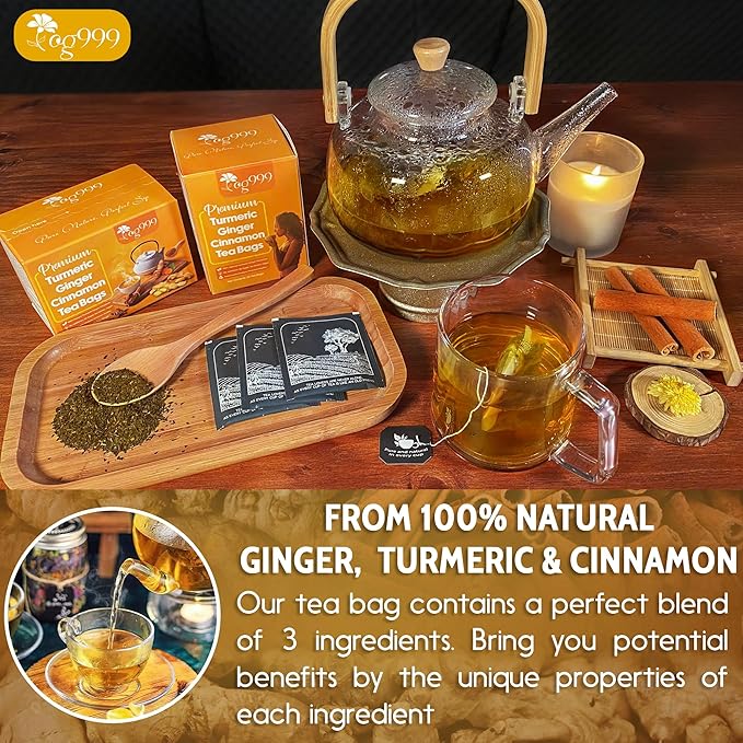 TOG999, 10 Turmeric, Ginger, Cinnamon Tea Bags, 100% Natural, Hand-made Blend of Turmeric, Ginger, and Cinnamon. Eco-conscious Tea Bags. No Sugar, No Caffeine, No Gluten, Vegan.