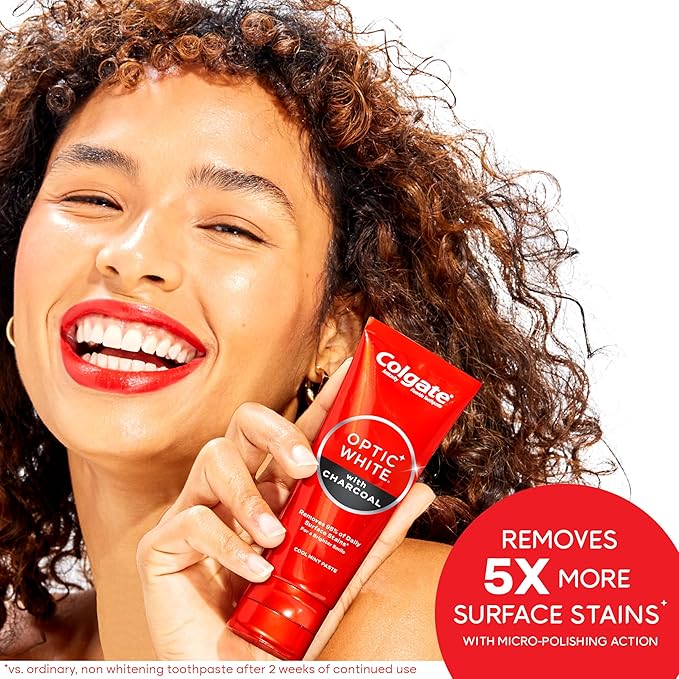 Colgate Optic White Whitening Toothpaste with Charcoal, Whitening with Charcoal Toothpaste Pack, Removes Daily Surface Stains, Enamel-Safe for Daily Use, Vegan, Cool Mint Paste, 2 Pack, 4.2 oz