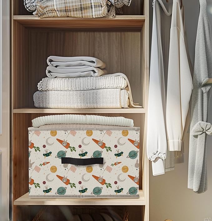 Nogrit Outer Space Carrot Rabbit Storage Bins Box, Toybox for Boys Girls, Cosmic Cute Bunny Foldable Baskets Organizer Container with Handles for Bedroom Bathroom Kids Nursery Clothes Toys Books