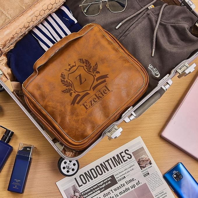 Bleggeit 3-in-1 Large Personalized PU Leather Toiletry Bag For Men, Custom Groomsmen Gifts Hanging Travel Organizer Bag, Laser Engraved Name Monogram Shaving Kit Gift For Him Husband Father Dad Dop