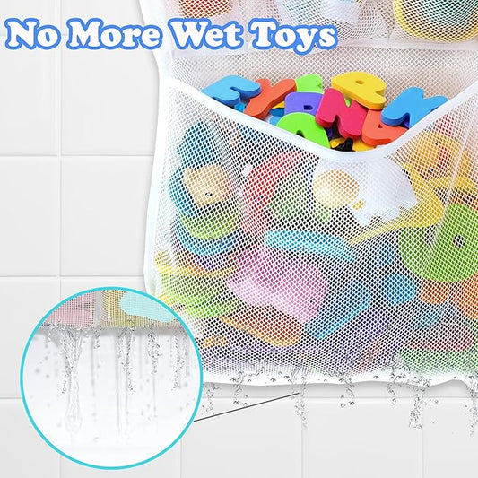 Bath Toy Holder 14x20 Inch, Mesh Bathtub Toy Storage Basket, Kids Bath Net, Tub Holder Bag, Toddler Shower Caddy Hanging Bucket Bin, Baby Bathroom Organizer with 2 Suction Cups, 2 Adhesive Wall Hooks