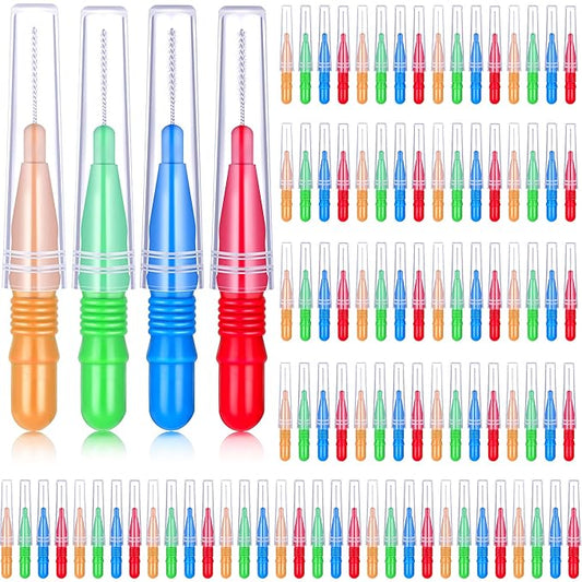 BBTO 100 Pcs Braces Dental Brush Flosser for Cleaner Interdental Brush Toothpick Tooth Flossing Head Oral Dental Toothpick Cleaners Cleaning Tool(Red, Blue, Light Green and Orange)