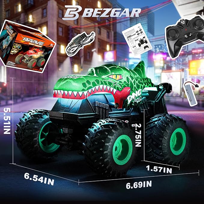 BEZGAR Monster Truck Toys - Remote Control Monster Truck with Light & Music, Dinosaur Toys for Kids, 1:20 Scale RC Truck with 360° Spins and Drifting, Remote Control Car for Boys 4-7